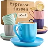 Cosumy Espressotassen Bunt mit Untertassen 6er Set Pastell - 90ml - Streifenmuster Keramik - Spülmaschinenfest -Mikrowellenfest - Moderne Mokkatassen Set