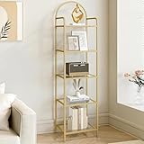 Hzuaneri Regal, Bücherregal aus gehärtetem Glas, schlankes Regal für Schlafzimmer, Badezimmer, Heimbüro, Stahlrahmen, mit 5 Ablagen Gold BC05001G