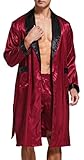 Herren Satin Bademantel, Leichter Seiden Langarm Bademantel mit Shorts Set, Spa Kimono Nachtwäsche (Burgund/Schwarz, XL)