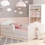 Kinderbett 80x160 cm mit Matratze und Schublade, Lattenrost & Rausfallschutz Bett für Kinder Bett Bed Rausfallschutz Kinderbett Jugendbett Einzelbett Komplettbett in weiß mit Prinzessin Motiv