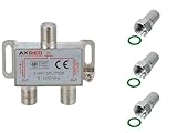 AXRED Sat Verteiler 2fach + 3X Anadol F-Stecker, für Verteilung von 1 Antennensignal auf 2 Endgeräte (Receiver/Fernseher/UKW Radio) 2-Fach Satverteiler Sat Splitter Satswitch Antennenverteiler