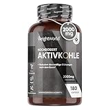 Aktivkohle Kapseln - 2000mg pro Tag - 180 vegane Kapseln - Für Blähungen (EFSA) - Quelle von Eukalyptus und Acacia Nilotica Rinde - Hochdosiert - 1 Monate Vorrat - WeightWorld