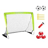 karelwui Kinder-Fußballtor für den Hinterhof, Set mit 2 Bällen, 4 Pfähle, Pumpkegel, Barriere Außenbereich, Garten, faltbares Fußball-Trainingsnetz-Set, Geschenk Kleinkinder, Grün