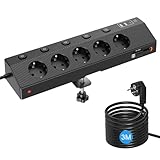 Tischsteckdose Steckdosenleiste mit 2 USB C (PD 30W), PASSUS 5 Fach Mehrfachsteckdose Schreibtisch mit Überspannungsschutz & Einzeln Schaltbar, 10-in-1 Ecksteckdose mit 3M Kabel für Büro, Schwarz