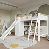 Kinderbett Etagenbett 90x200, Hochbett mit Rutsche&Kleiderschrank&Ablageschrank, Einzelbett Holzbett Jugendbett Bettgestell Spielbett mit Lattenrost&Rausfallschutz, Kiefer, Ohne Matratze, Weiß+Natur