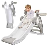 YOLEO Rutsche, Kinder Fun-Slide mit Basketballkorb, Faltbar Kinderrutsche, Gartenrutsche Kleinkinderrutsche für 2 3 Jahre, Indoor & Outdoor Rutschbahn mit Rutschauslauf Grau