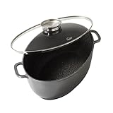 Stoneline Gourmet Bräter, oval, 38,8 x 26,3 cm, 8 L, mit Aroma-Glasdeckel zur dosierten Zugabe von Flüssigkeiten, Aluguss Bräter Induktion und backofengeeignet, Antihaftbeschichtung mit echten
