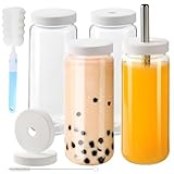 YBCPACK 500 ml Glasflaschen zum Befüllen mit Deckel und Strohhalm [4er-Pack] - Wiederverwendbare Smoothie Flaschen Glas - Saftflaschen für Boba, kombucha, Eiskaffe und Smoothie Becher to go