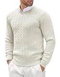 COOFANDY Herren Pullover Rundhals Feinstrick Slim Fit Strickpullover Leichte Zopfmuster Elegangt Pulli Weiß S
