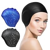 Badekappe für Damen und Herren, 2 Stück, große Silikon-Badekappe für langes/kurzes Haar, mit 3D-Ohrenschutz, wasserdichte Badekappen, dehnbar und rutschfest, für Erwachsene, Jungen und Mädchen