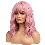 BERON BERON 14 Zoll Damen Mädchen kurze lockige synthetische Perücke mit Air Bangs Lovely Pink, 230 Gramm