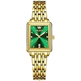 OLEVS Damenuhr, kleines quadratisches Zifferblatt, goldene Luxusuhr für Damen, elegante Uhr aus Edelstahl mit Diamant, Grünes Zifferblatt A2/goldfarbenes Armband, Standard, Kleid
