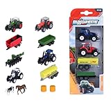 Majorette Auto-Set Farm (5 Teile) - Traktor-Spielzeug aus Metall mit Anhänger, Zubehör & beweglichen Teilen, zufällige Auswahl aus 2 Bauernhof-Sets für Kinder ab 3 Jahre, je ca. 7,5 cm
