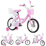 homewell 12/14/16 Zoll Kinderfahrrad Princess für 2-8 Jahre Mädchen, Fahrrad für Kinder mit Stützrädern & Korb & Streamer & Sitze für Spielzeug, Kleinkinderfahrrad, Bicycle, Kinderrad