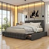 Polsterbett 140x200 cm mit höhenverstellbarem Kopfteil & Federkernmatratze - Grau Leinen mit 4 Schubladen & Metalllattenrost - Doppelbett