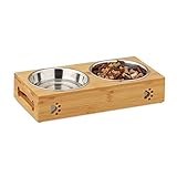 Relaxdays Futterbar für kleine Hunde, 2 Näpfe V je 300 ml, erhöht, Bambus & Edelstahl, HBT: 6,5x31,5x15 cm, Natur/Silber, 1 Stück