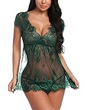 Sykooria Sexy Dessous Damen Babydoll Reizwäsche Nachthemd Kurz Damen Unterwäsche Sexy Set Negligee Lingerie V-Ausschnitt Transluzente Spitze Sleepwear Kleid mit Tanga Valentinstag, Dunkelgrün, L