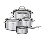RÖSLE ELEGANCE Topfset 4-tlg., 3 hochwertige Töpfe und 1 Stielkasserolle im Set, Edelstahl 18/10, mit Glasdeckel und Innenskalierung, Induktions- und Spülmaschineneignung