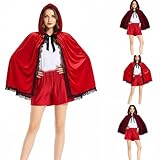 Generisch Damen Rotkäppchen Kostüm Set Partykleid Samt Umhang mit Kapuze und Spitzenbesatz Süß Verspielt Modisch für Halloween Karneval Fasching Cosplay Erwachsene Frauen Mädchen Kinder Fest Party