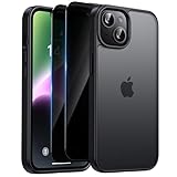 HeIssitot Matt Handyhülle für iPhone 13/iPhone 14 Hülle und 2 Stück Sichtschutz Schutzfolie, [Militärstandard] Durchscheinende PC Rückseite TPU Bumper Schutzhülle, Schwarz