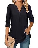 Amrto Damen Bluse Elegant Long Bluse Damen Sommer Elegant Bluse Tunika Schwarze Damen Blusenshirt Lässig Blusen Damen 3/4 Arm Longbluse Schwarz Elegant Blusen Damen, L