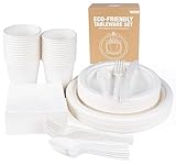 Anstore 200 Stück Pappteller Set Partygeschirr Kompostierbar Ökologisch Einweggeschirr, Umweltfreundlich Pappteller Kindergeburtstag für 25 Gäste, Pappgeschirr Set mit Teller, Holzbesteck, Trinkbecher