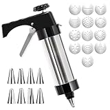 AXVRAV Gebäckpresse für Spritzgebäck Edelstahl, Spritzgebäck Presse mit 13 Schablonen & 8 Tüllen, Plätzchenpresse Garnierspritze Kekspresse Backzubehör für Kuchen Dessert DIY Maker Cookie