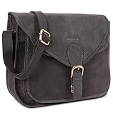 LEABAGS Leder Handtasche Damen I Premium Echtleder Umhängetasche I Damen Schultertasche I Damentasche I Tragetasche für Arbeit Uni Schule Freizeit I Größe L (32 x 31 x 9 cm) I Nature Dunkelbraun