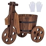 GOPLUS Dreirad Pflanzkasten, Blumenkasten mit Rädern & Ablauflöchern, Pflanzenständer Holz, dekorativer Fass-Blumenwagen, Blumenständer Blumentopf Outdoor, Gartendekoration für Terrasse, Garten & Hof