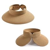 FuninCrea Damen-Sonnenhut, breite Krempe, Sonnenblende, Hut mit Aufbewahrungstasche, faltbarer und verstaubarer Pferdeschwanz, Sommer, Strandhut, offene Spitze, Strohhüte für Urlaub, Reisen, Strand