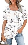 WNEEDU Tshirt Damen Sommer Bluse Kurzarm Quadratischem Ausschnitt Oberteile Damen Sommer Tunika T-Shirt Plissee Tops mit Puffärmel Lässige Flowy Elegant Weiße Blume L