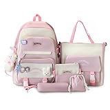 IvyH Schulranzen-Set 5-teilig, Schultasche Mädchen Rucksack Schule Teenager Schulrucksack für Mädchen der 3. bis 7. Klasse, School Bag Set mit Einkaufstasche Federmäppchen Brustbeutel,45 cm-Rosa