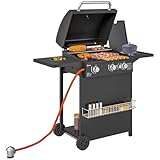 Outsunny Gasgrill 9,5 KW Grillwagen inkl 4 Brenner Seitenkocher Rolle Druckminderer Gasschlauch Deckel 2 Heizzonen Thermometer Seitenablagen, BBQ Gartengrill für Balkon, Grill 123x57x98 cm