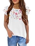 Arshiner Mädchen T-Shirt Gewellte Ärmel Kinder Sommer Rundhals Kurzarm Oberteile Lässig Mode Einfarbig Tshirts für Mädchen 10-11 Jahre Blumen