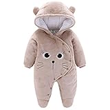 JiAmy Baby-Overall Baby-Strampler Flanell Winter-Strampelanzug mit Füßchen Kapuze Cartoon,Khaki 0-3 Monate