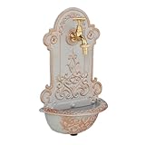 Relaxdays Wandbrunnen, nostalgisch, Waschbecken & Wasserhahn, Gartenbrunnen HBT 36 x 22 x 10,5 cm, Gusseisen, Gold/grau