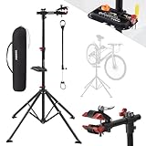 Arebos Fahrrad-Montageständer mit Tasche, 360° drehbar, für Mountainbike, E-Bike und Citybike, mit Schnellspannvorrichtung, Profi-Reparaturständer – Schwarz/Rot