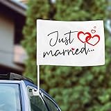 BOFUNX 2 Stücke Just Married Autofahne Hochzeit Autoflagge Hochzeitsfahne Autoschmuck Hochzeitsdeko 46×30cm