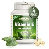 Vitamin E, hochdosiert, 400 iE - 120 Kapseln (Softgel). Hochwertiges Tocopherol – schützt die Zellen vor oxidativem Stress (Antioxidant). OHNE künstliche Zusätze - laborgeprüft. Von Greenfood.