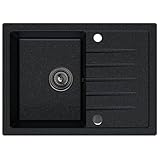SINK QUALITY Granitspüle schwarz mit weißen Flecken 68 x 49,5 cm - Spülbecken mit Siphon Graphit und Imprägniermittel - Küchenspüle mit Abtropffläche für 45er Unterschrank