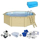 Trend Holzpool Set Achteck 470 x 470 x 124 cm Innenhülle blau