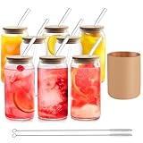 HOMBERKING Glasbecher mit Bambusdeckel und Strohhalmen, 8-teiliges Set, 590 ml, Dosenform, niedlicher Becher mit Reinigungsbürsten, Biergläser, Eiskaffeetassen mit Silikon-Schutzhülle, BPA-frei,