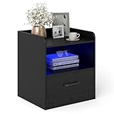 GIANTEX Nachttisch mit LED-Beleuchtung, Nachtschrank mit Schublade & offenem Fach, Nachtkästchen Nachtkommode Nachtkonsole Holz, Beistelltisch Sofatisch Kleiner Couchtisch, 44,5 x 40 x 50 cm, Schwarz
