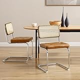 Zouron Esszimmerstühle Rattan Stuhl Schwingstühle 2er Set - Kunstleder Küchenstuhl Freischwinger Stühle Polsterstuhl Natur geflochtene Rattan Rückenlehne Chrom Metallbeine