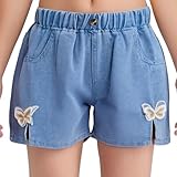 Mufeng Mädchen Jeans Shorts Elastische Taille Denim Kurze Hosen Sommer Shorts Mit Schleifen Blumen Und Schmetterlingen Kurze Jeans Schmetterling 122-128
