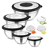 Homikit Rührschüssel 5er Set, Edelstahl Schüssel Salatschüssel mit Transparenter Luftdichtem Deckel & 3 Reibeaufsätzen für die Küche, 4,6L/2,8L/1,6L/1,2L/0,7L, Stapelbar, Spülmaschinenfest, Schwarz