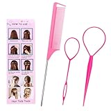 3 Stück Haar Tail Twister Band, Frisurenhilfe Zopfhalter, Dutt Styler Haartwister, Hair twister, Rattenschwanzkamm, Frisuren zubehör haare flechten für Frauen Mädchen (Rosa)