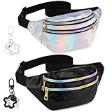 Halinuia 2 Stücke Gürteltasche Damen Glitzer Mädchen Bauchtasche Wasserdicht Sporttasche Mode Hüfttasche mit Stern Schlüsselanhänger für Reiten Radfahren Laufen Camping Sport(Schwarz+Silber)