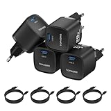 20W USB C Ladegerät (mit 60W Schnellladekabel), 4er-Pack Schnelllade-USB-C-Stecker, Ladestecker für iPhone 16 15 14 13 12 11 Pro Max, für iPad Pro/Air, Schwarz