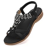 Littleplum Damen Sandalen Sommer Freizeit Flach Sandalette mit Strass Perlen Bohemia Strand Schuhe,A Schwarz 42 EU